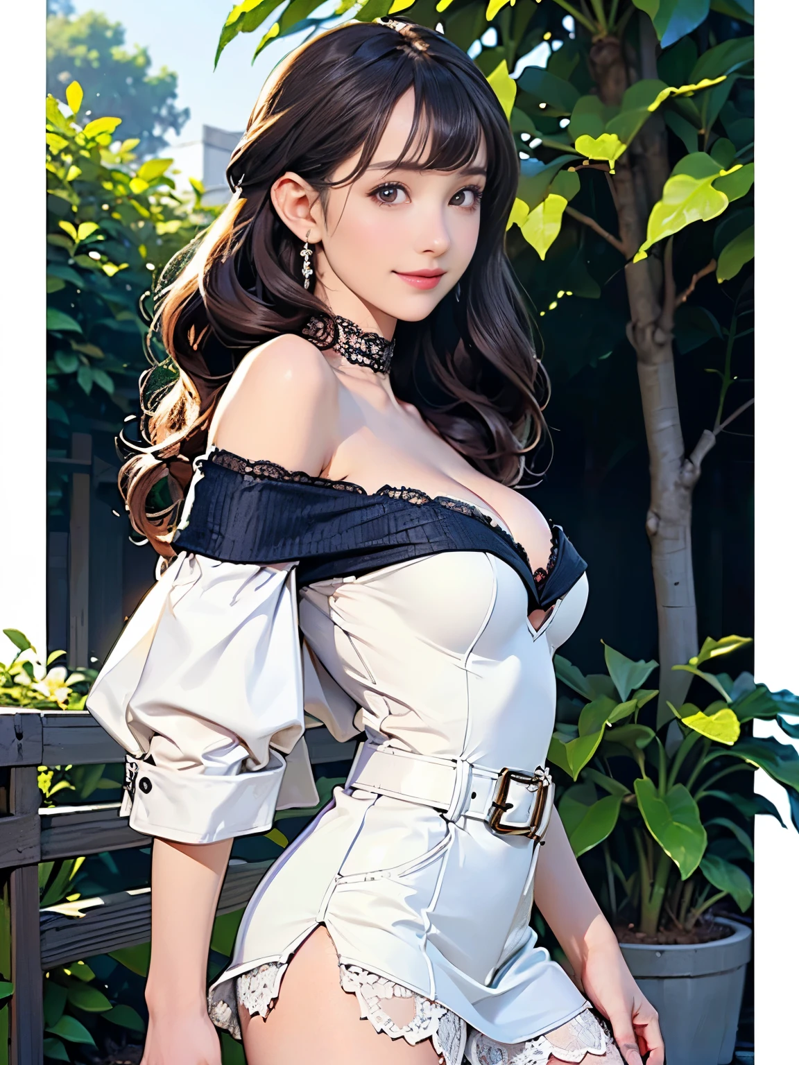 ((((highest quality))))、(((Ultra-precision CG16K wallpaper)))、(((masterpiece)))、(((Super detailed)))、(((Extreme detail)))、((1Mature 29 year old woman:1.6))、((Very beautiful Japanese faces))、((Yua Mikami:1.5))、((Soft wavy long ponytail hair、blunt bangs:1.5))、(Shiny brown hair)、Beautiful brown eyes、Clearly defined pupils、eyeliner、eye shadow、High nose、Small nostrils、Small Mouth、Seductive lips、Beautiful breasts、((C cup size breasts))、Cleavage、Voluptuous body、eight-headed body、Perfect proportions、Perfect Anatomy、Perfect composition、Beautiful detailed shading、Beautiful, natural lighting、Beautiful detail glow、Depth of written boundary、(((High chroma)))、(((Real:1.9)))、((vivid:1.5))、((Beautiful Skin))、((Skin Texture))、((Realな皮膚感))、(((Cowboy Shot:1.6)))、((Front view、shoot from front、Front low angle:1.6))、(((smile:1.5)))、((The woman is looking at this、looking at viewer、Facing forward:1.6))、Bright daylight、Natural light、(((garden、Promenade、Trees:1.4)))、(Fashion model pose:1.6)、(((White and navy blue off-shoulder lace mini dress with belt:1.6)))、((Earrings、Wearing a choker:1.3))、(((Wearing white knee-high boots:1.6)))、