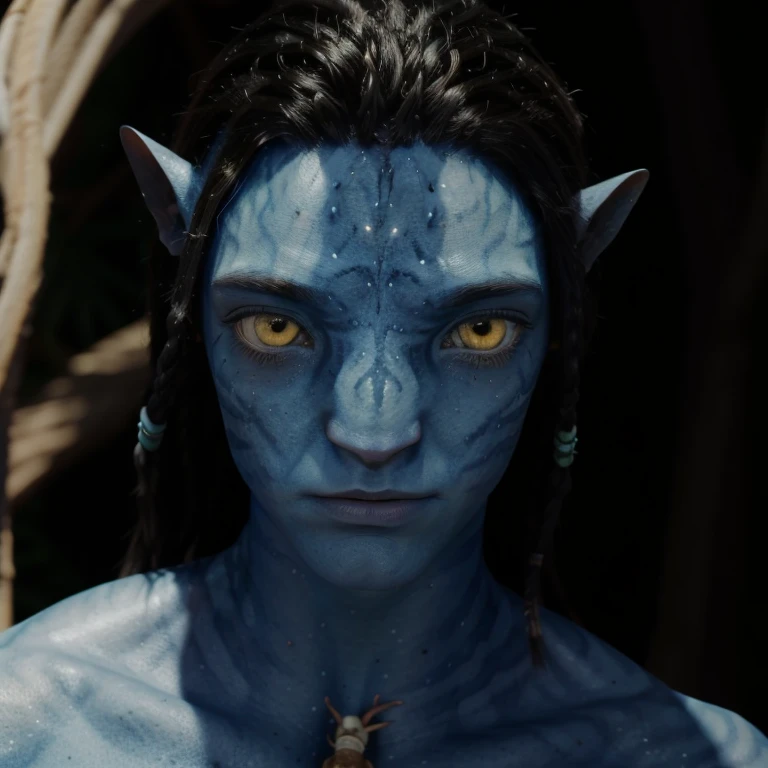 avtr:1.1, avatar style, portrait:1.6, 1boy, male, (AvLoak), (blue skin tone:1.0), (long braided hair:1.0), black hair color, yellow eyes, (adult), 18 years old:1, face wrinkles, wearing tribal clothing, detailed eyes, toned body, muscled body, vibrant colors, glowing, ethereal atmosphere, surrealistic dreamy lighting, textured skin, otherworldly beauty, mesmerizing photography, (best quality, highres), vivid colors, ultrarealistic, skin details, striped skin, sfw, face close-up:0.7, ultradetailed body