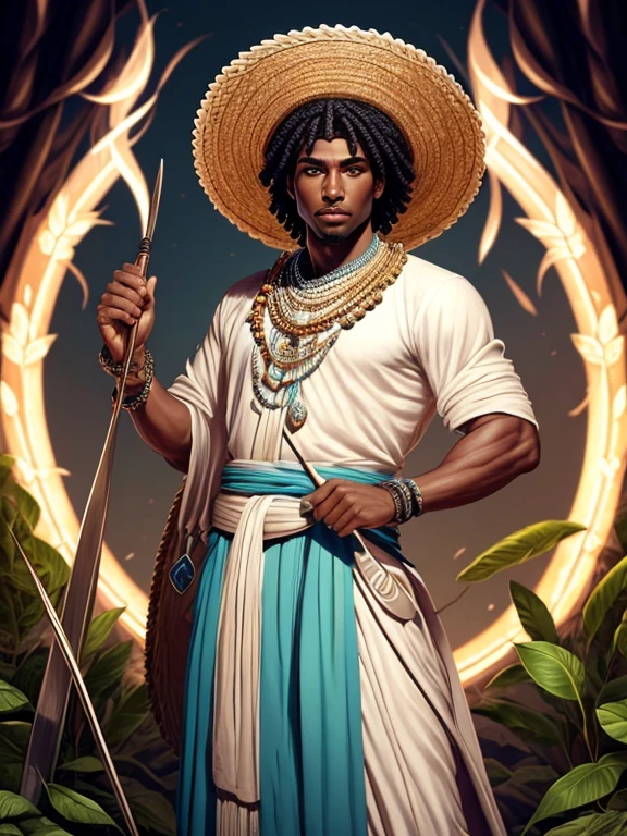 Please generate a 4K digital painting featuring the Yoruba deity Oxossi. He is a prominent figure in Candomble and other Afro-Brazilian religions, known as the orixá of hunting and abundance. The details should be as follows:
- **Stance**: Oxossi is standing upright with his right leg slightly forward, embodying a powerful and stable stance.
- **Apparel**: Adorn him in traditional light blue garb with white detailing along the hems and neckline. A black and white sash crosses over from his left shoulder and meets a matching belt at the waist.
- **Accessories**: On his head, place a characteristic straw hat (baby) with a hanging white ribbon on its brim. Around his neck, he should have blue bead necklaces.
- **Weaponry**: In his left hand, Oxossi holds a short bow, indicative of his mastery of hunting.
- **Emblem**: On his right side, let him hold a whip or a horsetail fly-whisk, coiled and crafted from hair or synthetic material- another reference to hunting and animal taming.
- **Feet**: Present him barefoot with a decorated anklet on his right ankle.
- **Background**: Craft a backdrop filled with silver five-pointed stars and leaf shapes in shades of green to symbolize the forests and nature that are aligned with Oxossi's essence.
- **Name**: Include the word "OXOSSI" in capital letters at the bottom of the image to denote the deity's identity.
- **Signature**: Incorporate the signature "Reinaldo" in the bottom right corner to attribute the work to the artist.
The digital painting should capture the essence of Oxossi's role as the protector of hunters and wildlife, highlighting his attributes with a mystical yet earthy aura. Keep the resolution at 4K to ensure rich detail and clarity.