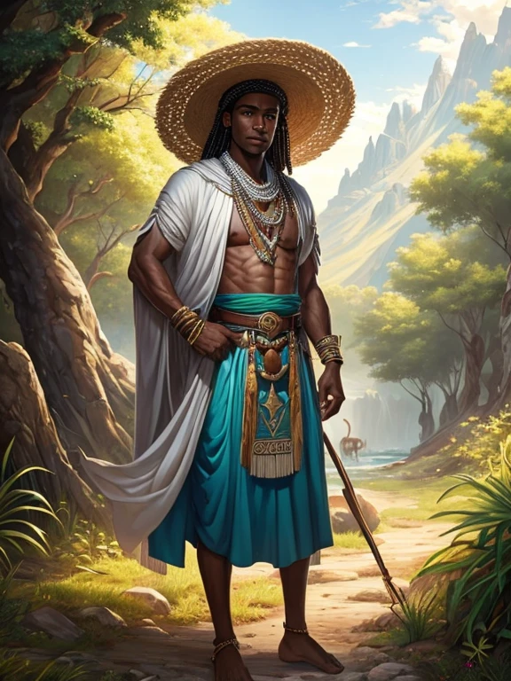 Please generate a 4K digital painting featuring the Yoruba deity Oxossi. He is a prominent figure in Candomble and other Afro-Brazilian religions, known as the orixá of hunting and abundance. The details should be as follows:

- **Stance**: Oxossi is standing upright with his right leg slightly forward, embodying a powerful and stable stance.
- **Apparel**: Adorn him in traditional light blue garb with white detailing along the hems and neckline. A black and white sash crosses over from his left shoulder and meets a matching belt at the waist.
- **Accessories**: On his head, place a characteristic straw hat (baby) with a hanging white ribbon on its brim. Around his neck, he should have blue bead necklaces.
- **Weaponry**: In his left hand, Oxossi holds a short bow, indicative of his mastery of hunting.
- **Emblem**: On his right side, let him hold a whip or a horsetail fly-whisk, coiled and crafted from hair or synthetic material- another reference to hunting and animal taming.
- **Feet**: Present him barefoot with a decorated anklet on his right ankle.
- **Background**: Craft a backdrop filled with silver five-pointed stars and leaf shapes in shades of green to symbolize the forests and nature that are aligned with Oxossi's essence.
- **Name**: Include the word "OXOSSI" in capital letters at the bottom of the image to denote the deity's identity.
- **Signature**: Incorporate the signature "Reinaldo" in the bottom right corner to attribute the work to the artist.

The digital painting should capture the essence of Oxossi's role as the protector of hunters and wildlife, highlighting his attributes with a mystical yet earthy aura. Keep the resolution at 4K to ensure rich detail and clarity.