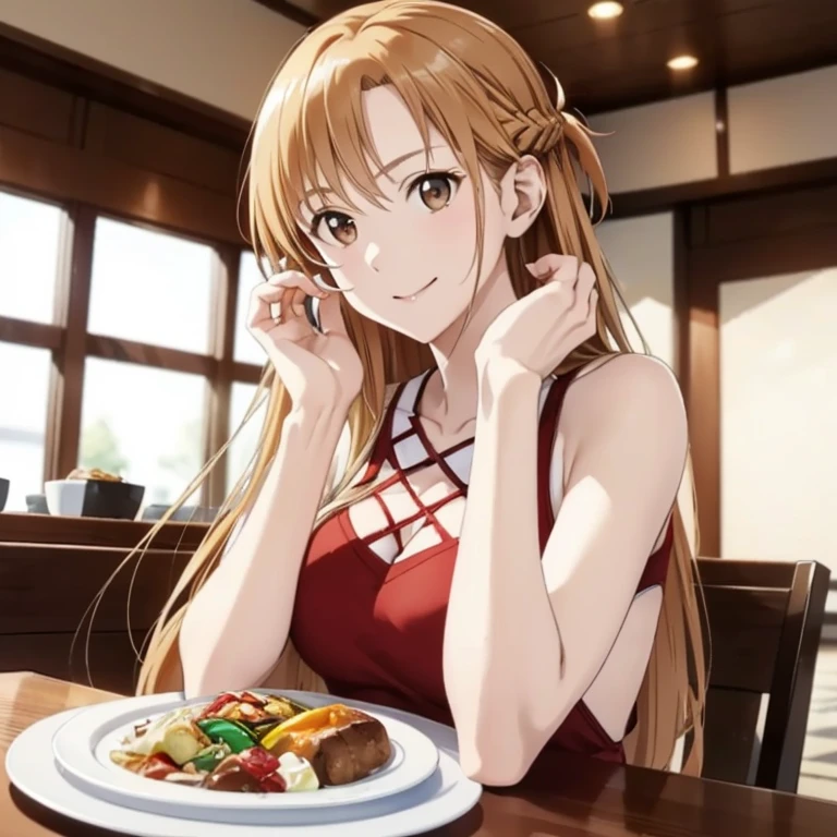 ((highest quality)), ((masterpiece)), (detailed), Perfect Face、Yuuki Asuna、（The woman is a brown-haired Japanese）、（A woman sits across from a white man and enjoys a meal in a nice restaurant.）、A white man succeeds in picking up a woman and has a fun meal with her、((The white man is well-built and has a strong body.))、The woman is dressed casually、Man dressed casually、Caucasian man and woman have fun expressions