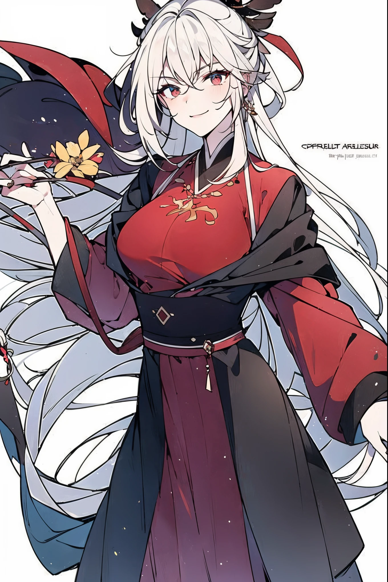 (masterpiece),(Highest quality),(Best details),(High Definition),(Beautiful works),(Full body picture),Chinese fantasy style,1girl,((white hair)),((Double spiral hairpin)),Black eyes,((White clothes)),(((Villain image))),((Beautiful clear eyes)),(Sinister smile),((Simple plain white background))