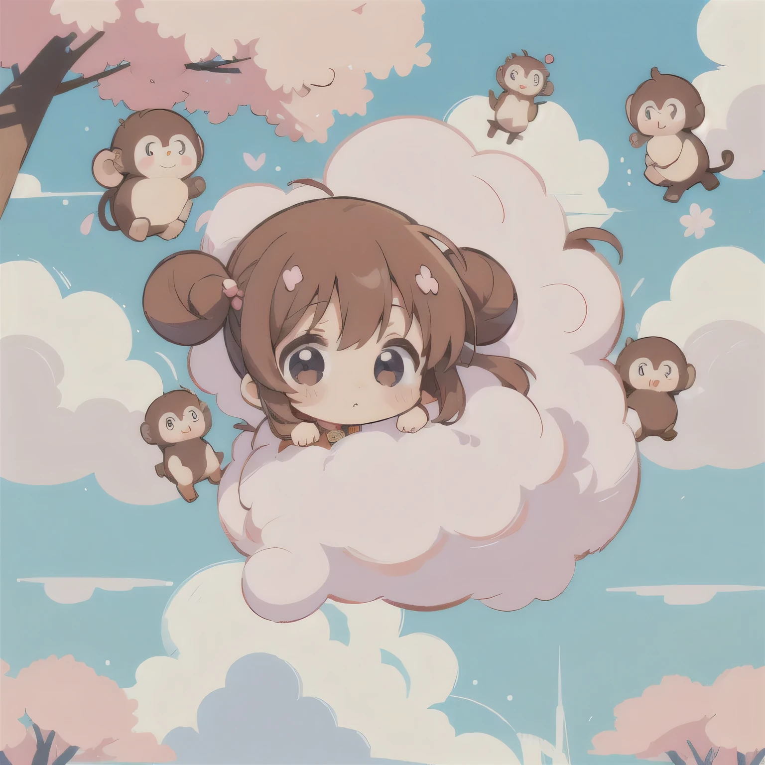 Momoko Sakura style, Kawaii Design, Chibi, (((on the Clouds))), monkeys, monkey Forest