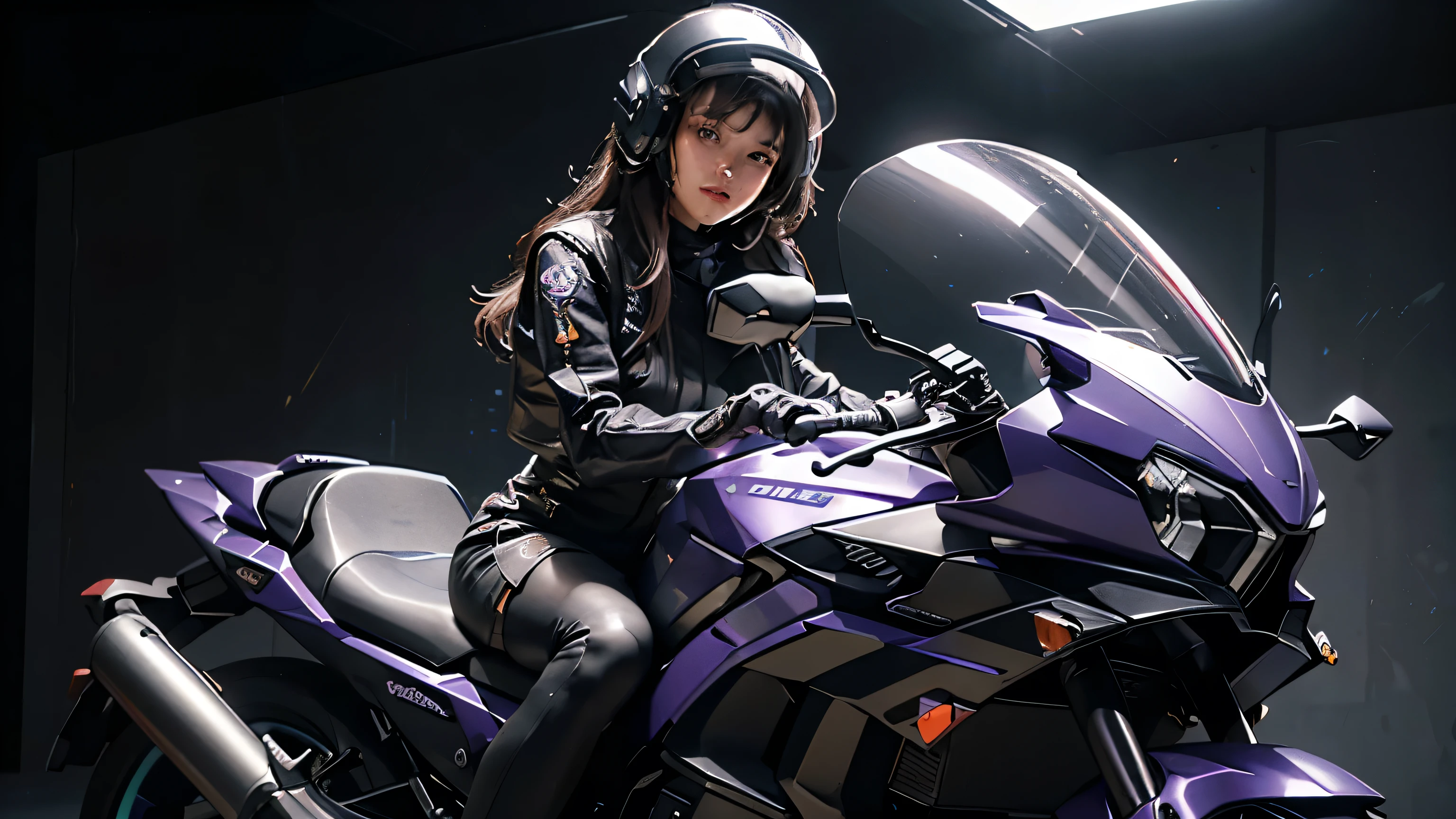 Best image quality, Excellent details, Ultra-high resolution, (realism: 1.4), Best illustrations, Favorite Details, Very condensed one girl, Delicate and beautiful features, Wearing a black and purple mech, Wearing a mecha helmet, Hold the directional controller, Riding on motorcycle, The background is a futuristic city high tech lighting scene.