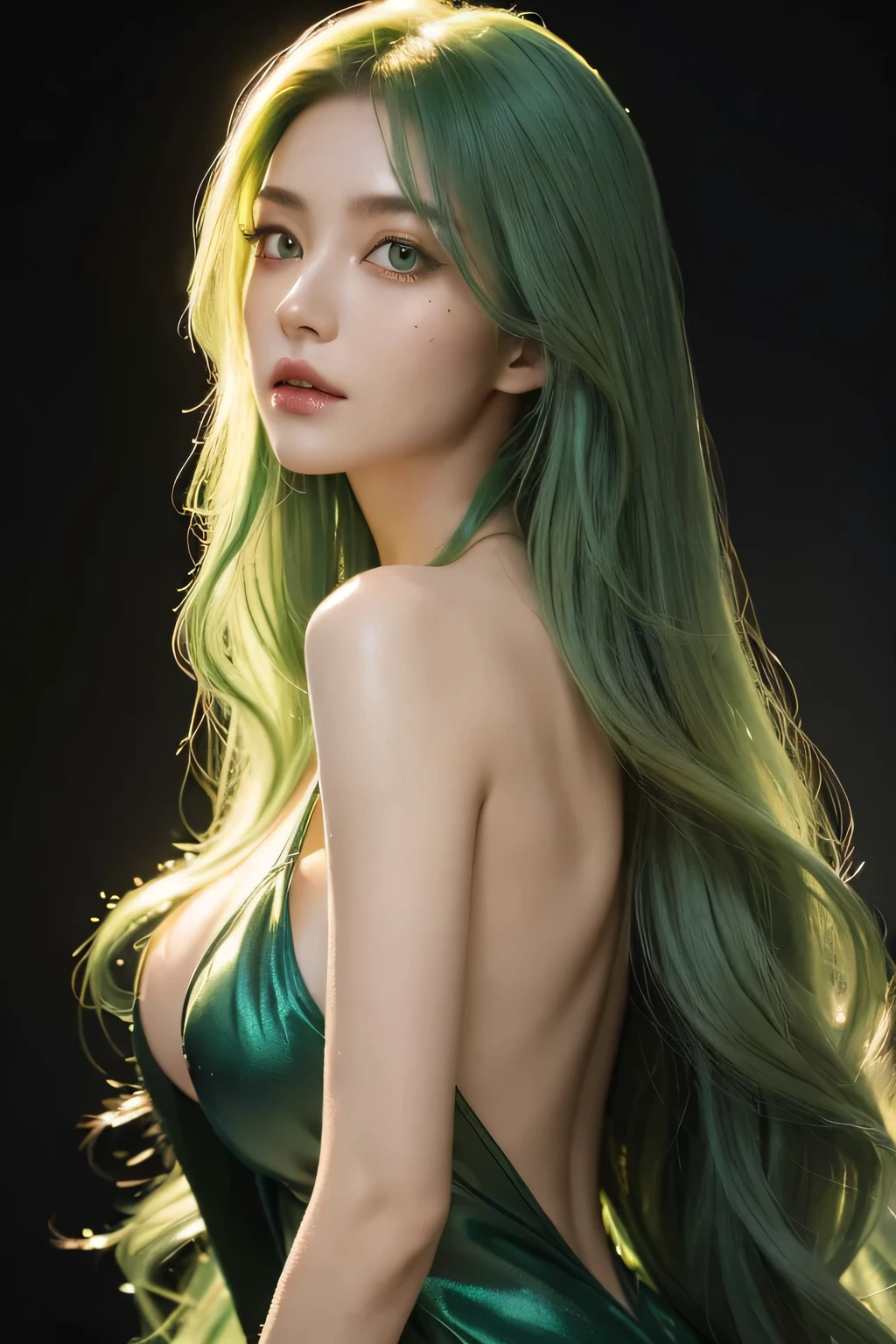 1 woman, neliel tu oderschvank, long wavy green hair, skull, ((detailed eyes:1.2)), sexy, sensual, sleeveless, sideboob, masterpiece, top quality, best quality, official art, beautiful and aesthetic:1.2), extreme detailed, colorful, highest detailed