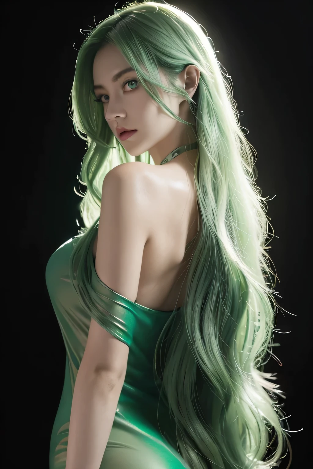 1 woman, neliel tu oderschvank, long wavy green hair, skull, ((detailed eyes:1.2)), sexy, sensual, sleeveless, sideboob, masterpiece, top quality, best quality, official art, beautiful and aesthetic:1.2), extreme detailed, colorful, highest detailed