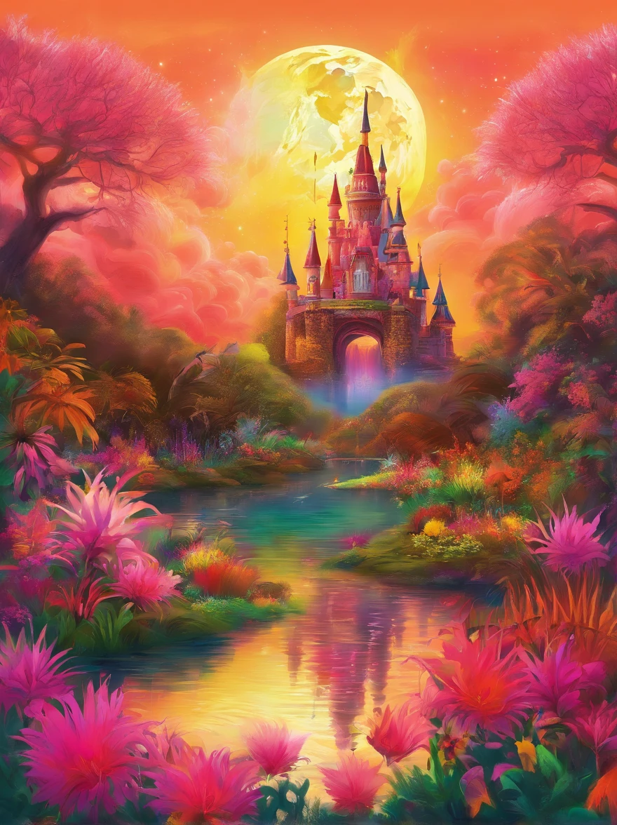 (Neon),Circuit Board,(moon:1.5),(Bubbles),(fireworks:1.5),Dreams,(Psychedelic),(Neon light),(A peaceful and magical dream castle),In this vibrant,Charming surroundings,center,A dreamy and majestic castle,Central Lake,Surrounded by a variety of aquatic plants,Many different types and colors of flowers adorn the beautiful landscape,Multiple waterfalls burst from nearby cliffs,Their waters sparkle in the dawn light,When they poured into the lake,The sun is just beginning to peek over the horizon,The first rays of sunlight of the day cast beautiful, warm tones over the castle and surrounding nature.,(Ultra HD, masterpiece, precise, Anatomically correct, textured skin, High Detail, high quality, The award-winning, 8k)