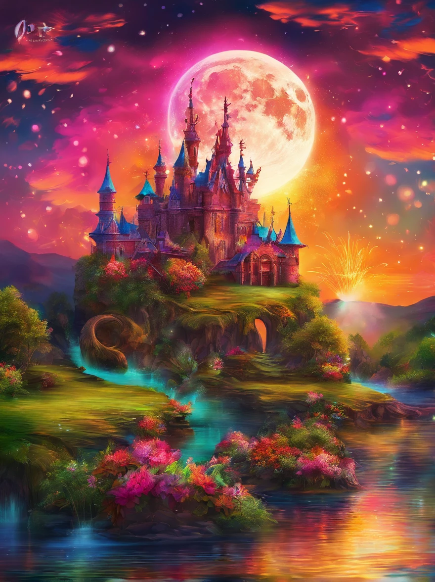 (Neon),Circuit Board,(moon:1.5),(Bubbles),(fireworks:1.5),Dreams,(Psychedelic),(Neon light),(A peaceful and magical dream castle),In this vibrant,Charming surroundings,center,A dreamy and majestic castle,Central Lake,Surrounded by a variety of aquatic plants,Many different types and colors of flowers adorn the beautiful landscape,Multiple waterfalls burst from nearby cliffs,Their waters sparkle in the dawn light,When they poured into the lake,The sun is just beginning to peek over the horizon,The first rays of sunlight of the day cast beautiful, warm tones over the castle and surrounding nature.,(Ultra HD, masterpiece, precise, Anatomically correct, textured skin, High Detail, high quality, The award-winning, 8k)