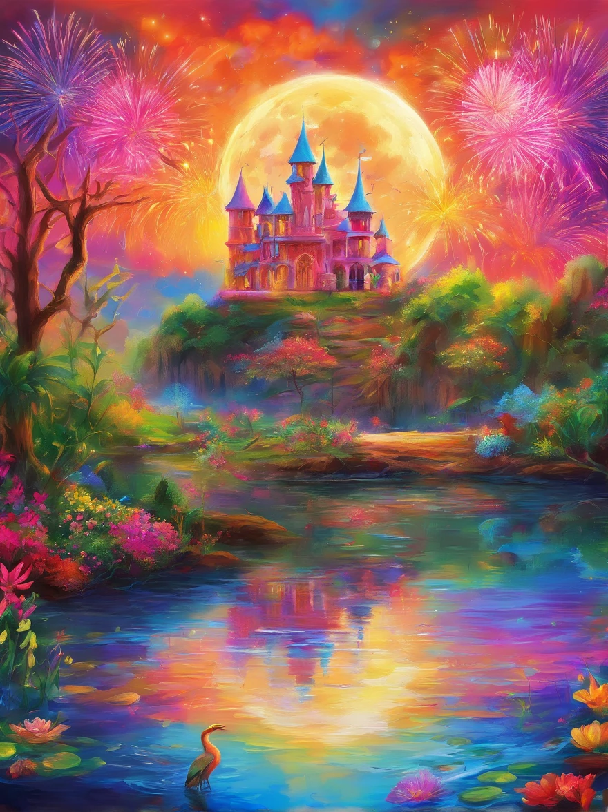 (Neon)，Circuit Board，(moon:1.5)，(Bubbles)，(fireworks:1.5)，Dreams，(Psychedelic)，(Neon light)，(A peaceful and magical dream castle)，In this vibrant，Charming surroundings，center，A dreamy and majestic castle，Central Lake，Surrounded by a variety of aquatic plants，Many different types and colors of flowers adorn the beautiful landscape，Multiple waterfalls burst from nearby cliffs，Their waters sparkle in the dawn light，When they poured into the lake，The sun is just beginning to peek over the horizon，The first rays of sunlight of the day cast beautiful, warm tones over the castle and surrounding nature.，(Ultra HD, masterpiece, precise, Anatomically correct, textured skin, High Detail, high quality, The award-winning, 8k)