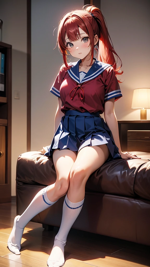 ore no imouto ga konna ni kawaii wake ga nai, 25-yers-old girl with crimson red hair- pulled up into twin ponytails, wearing a blue sailor suit and pleated skirt, long thigh length socks, living room at night background