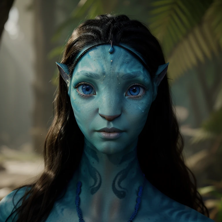 avtr:1.1, avatar style, portrait:1.6, 1girl, female, (AvTsireya), (blue skin tone:1.0), (long curly hair:1.0), black hair color, blue eyes, (young adult), 18 years old:1, face wrinkles, wearing tribal clothing, detailed eyes, toned body, muscled body, vibrant colors, glowing, ethereal atmosphere, surrealistic dreamy lighting, textured skin, otherworldly beauty, mesmerizing photography, (best quality, highres), vivid colors, ultrarealistic, skin details, striped skin, sfw, face close-up:0.5, ultradetailed body