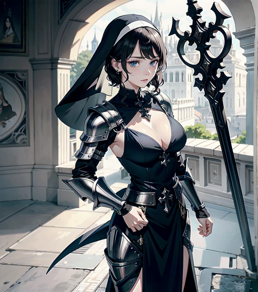 absurdres, RAW photo, extremely delicate and beautiful, masterpiece, Best Quality, ultra high resolution, 32k, hyperrealistic, ultra-detailed, detailed description, pale skin, 20 years old, detailed beautiful face and eyes, tearful mole, earring, very huge round breasts, short medium hair, wavy hair, (full body shot), alone, Mysterious nun, ((combat armor costume)), Weapons with a cross motif,