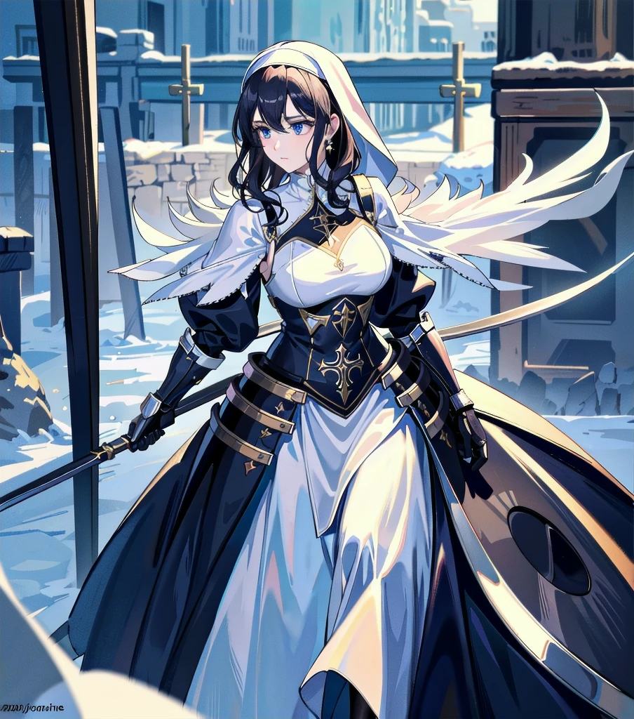 absurdres, RAW photo, extremely delicate and beautiful, masterpiece, Best Quality, ultra high resolution, 32k, hyperrealistic, ultra-detailed, detailed description, pale skin, 20 years old, detailed beautiful face and eyes, tearful mole, earring, very huge round breasts, short medium hair, wavy hair, (full body shot), alone, Mysterious nun, ((combat armor costume)), Weapons with a cross motif,