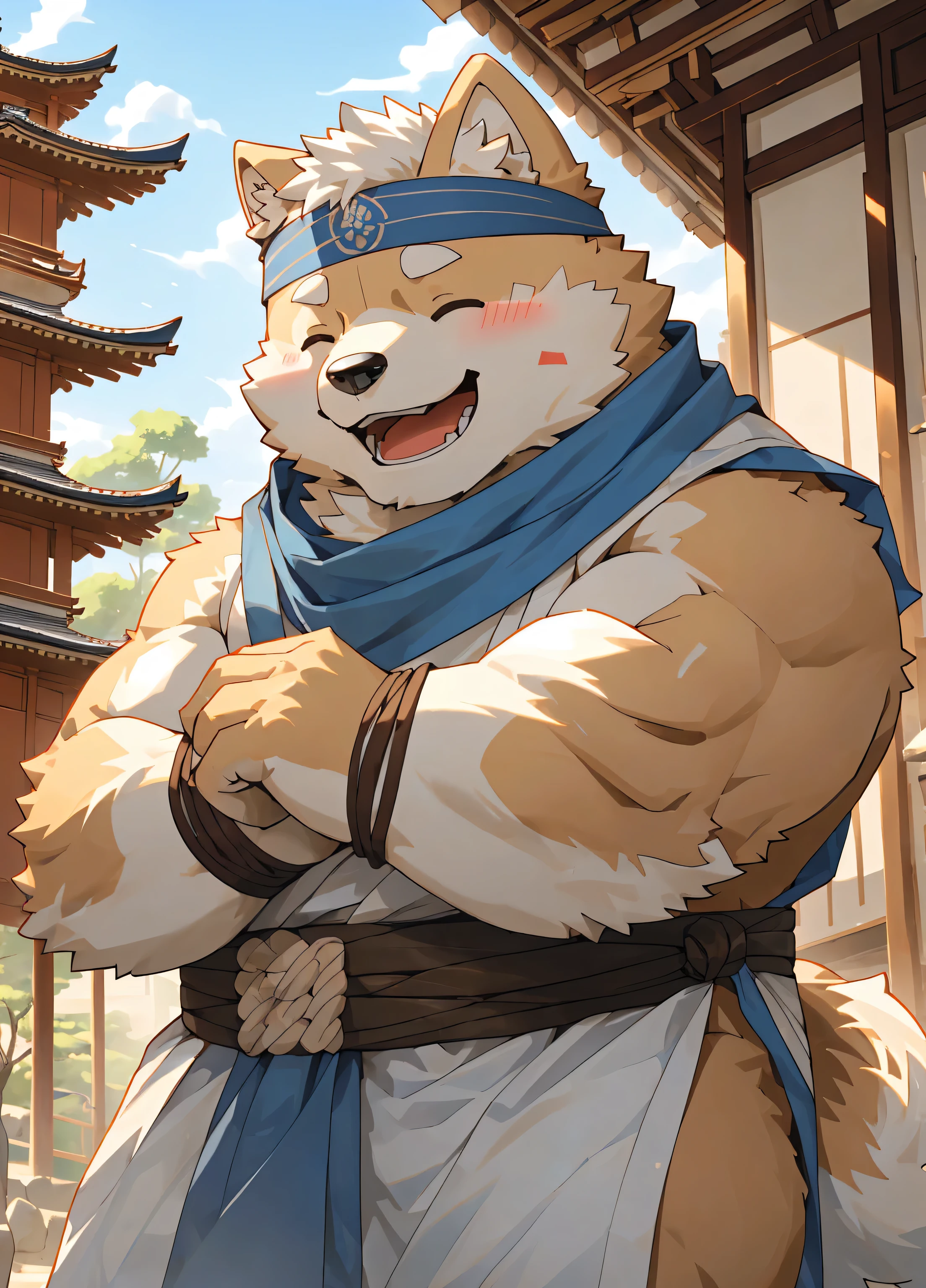 (masterpiece)，(Very detailed)，(best quality)，hairy，Shiba Inu，fur，white hair，Gray pupil，(Japan samurai attire)，((blue scarf))，((Brown Headband))，(blush:1.1)，((Close your eyes))，Happy smile，Temple Background，8k，(high quality)，(Ultra HD)，(Super detailed)