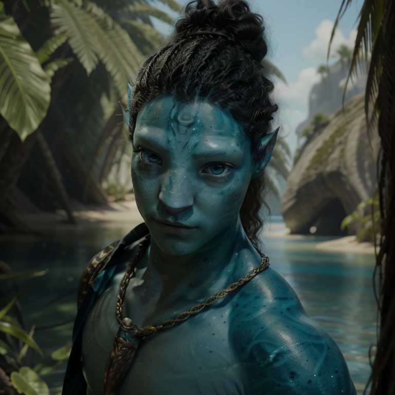 avtr:1.1, avatar style, portrait:1.6, 1boy, male, (AvAonung), (blue skin tone:1.0), (long curly hair in a bun hairstyle:1.0), black hair color, blue eyes, (young adult), 18 years old:1, face wrinkles, wearing tribal clothing, detailed eyes, toned body, muscled body, vibrant colors, glowing, ethereal atmosphere, surrealistic dreamy lighting, textured skin, otherworldly beauty, mesmerizing photography, (best quality, highres), vivid colors, ultrarealistic, skin details, striped skin, sfw, face close-up:0.5, ultradetailed body