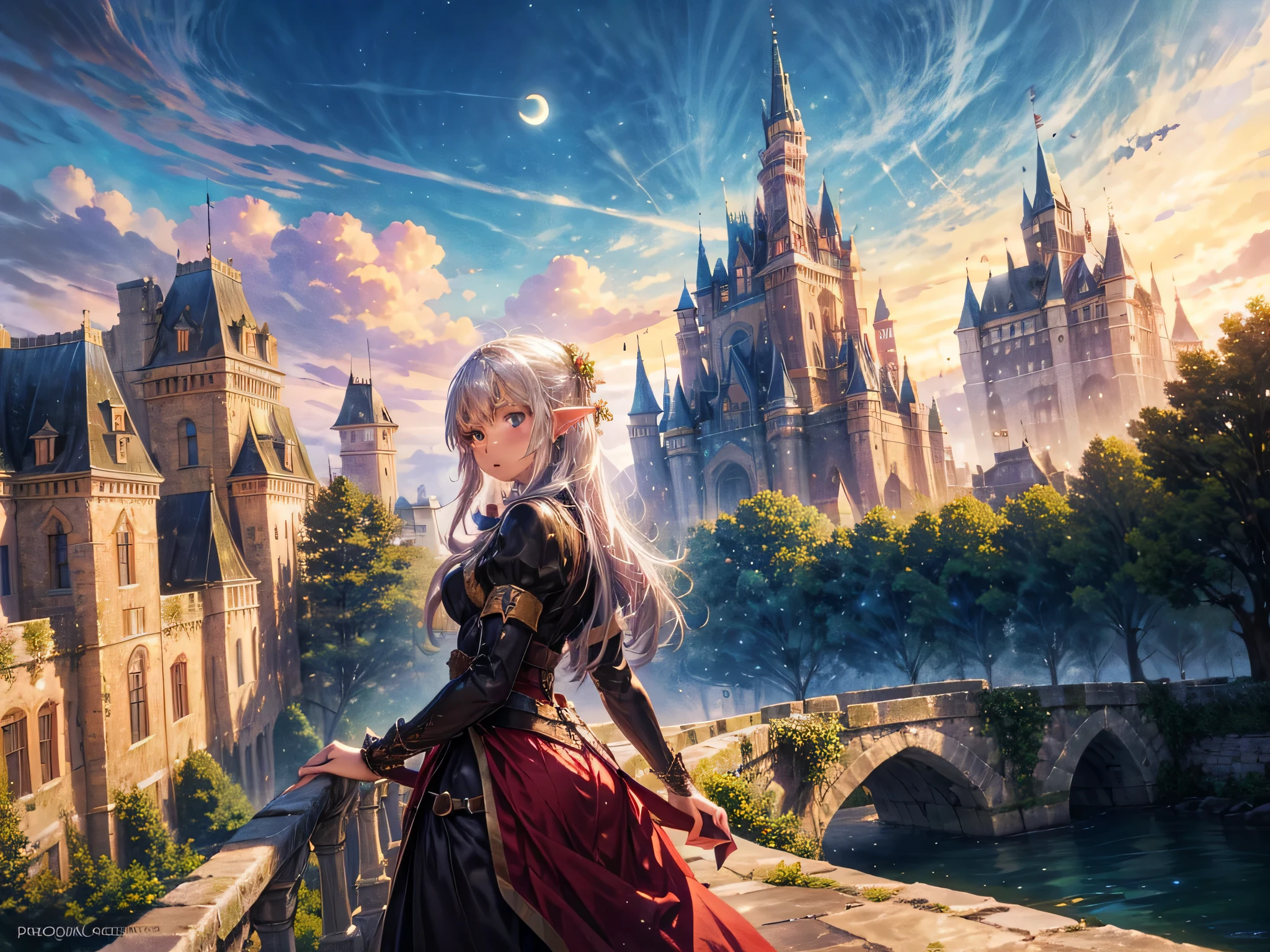 fantasy art, RPG art, a princess looking through her window at a magical castle, a beautiful elven princess looking through her window to see a magical castle, an impressive best detailed castle, with towers, bridges, a moat, standing on top of a mountain, moon, 