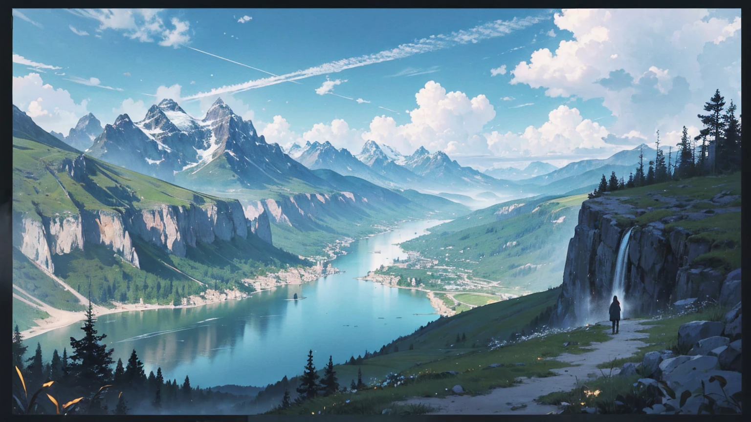 masterpiece, 最high quality, high quality, Very detailed CG unity 8k wallpaper, scenery, Outdoor, null, cloud, Day, Mountain, landscape, water, wood, blue null, waterfall, cliff, nature, lake, river, cloudy null,Award-winning photography, Bokeh, Depth of written boundary, High resolution, bloom, chromatic aberration ,Realistic,Very detailed, Trending on Artstation, Trending on CGSociety, Complex, Attention to detail, dramatic, art:Mid Journey