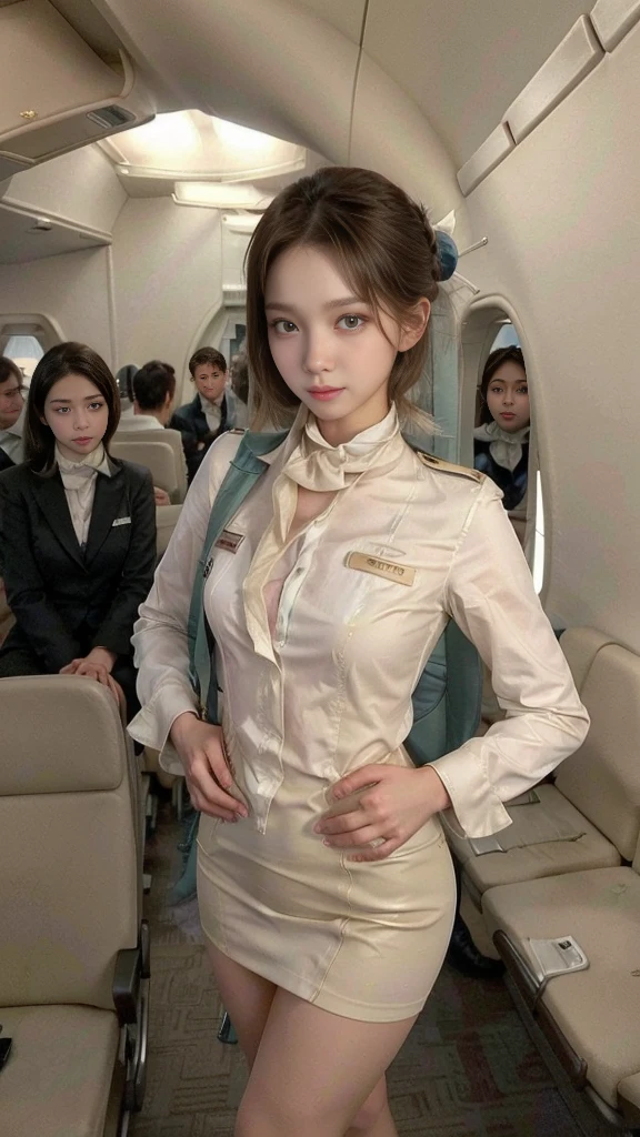 ((Incredibly stylish and beautiful)), ((really meticulous CG)), (realistic)、(intricate details:1.2)、(masterpiece、:1.3)、(top quality:1.4)、(Ultra A high resolution:1.2)、Ultra A high resolution, 8K resolution, Very detailed expression, studio soft light, vivid details, super detailing, complete anatomy, realistic skin texture, realistoc shading, (Highly detailed CG Unity 16k wallpaper), (High Quality), full body photo, 1 girl, (korean 1.3), (facial makeup : 1.4), beautiful: 1.3, a little smile, standing, walking, ((crew cut, bun hair, flight attendant hair style)), perfect figure, femur, medium chest, Medium Body, Korean flight attendant, (Flight attendant uniforms),(Flight attendants in uniform), detail face, clear eyes, beautiful detailed eyes, small nose, small head, silk petit scarf, a nude colored shiny pantyhose : 1.5, court shoes)), (uniform is random color : 1.2), (In an aircraft crowded with passengers:1.3), (first class), (business class), serve passengers, detailed background