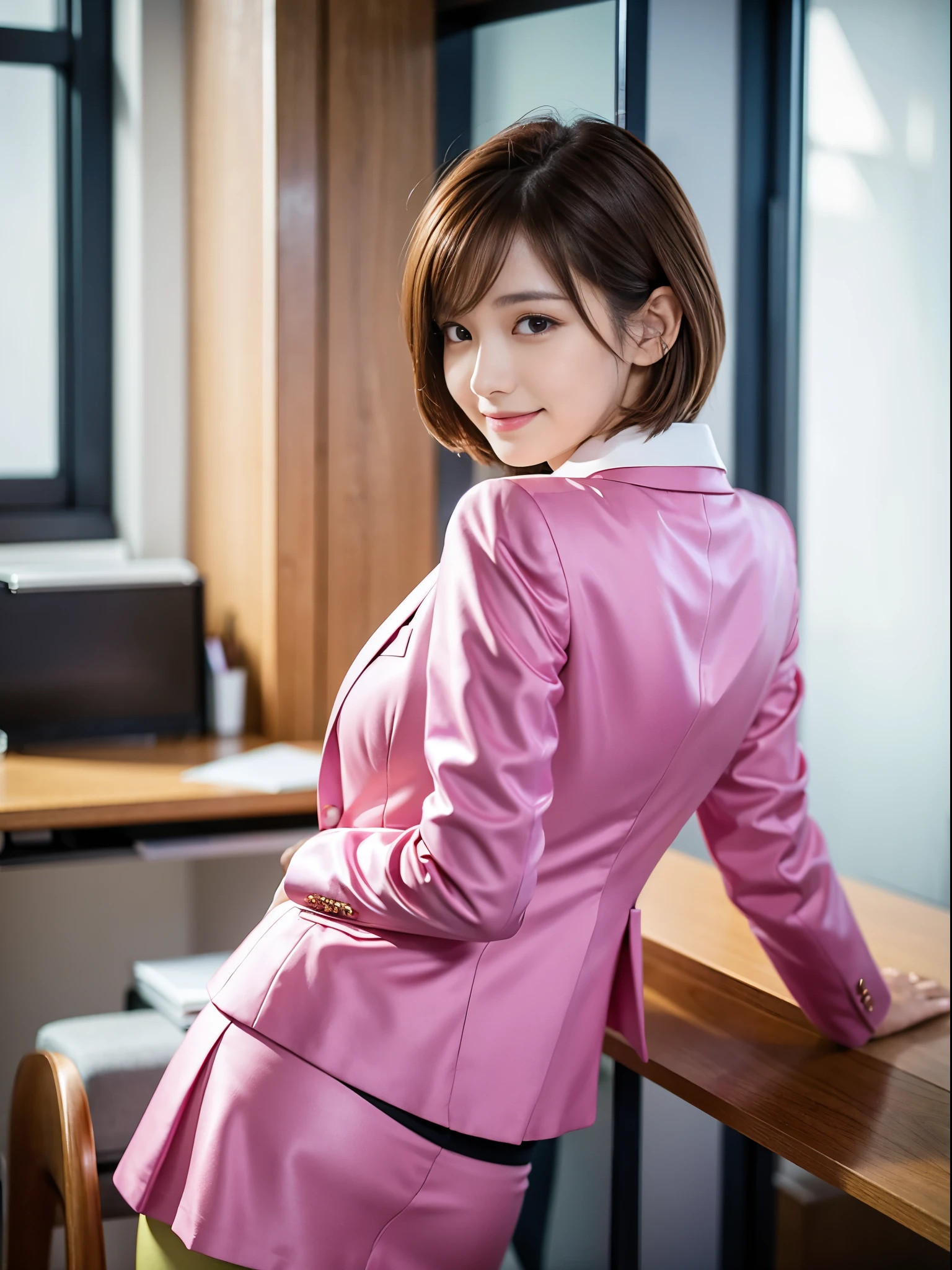 Woman looking back、noon、Bright office、desk work、Change of clothes、Jacket、Short Hair、Light brown hair、Pink suit、Short skirt、beauty secretary、(Very large breasts、Very thin and long legs、Perfect figure、High heels、whole body、smile)、1 female、No makeup、23 years old、(masterpiece、8K,RAW Photos、High resolution:1.4)、The soft look enhances the calm expression of a woman.。