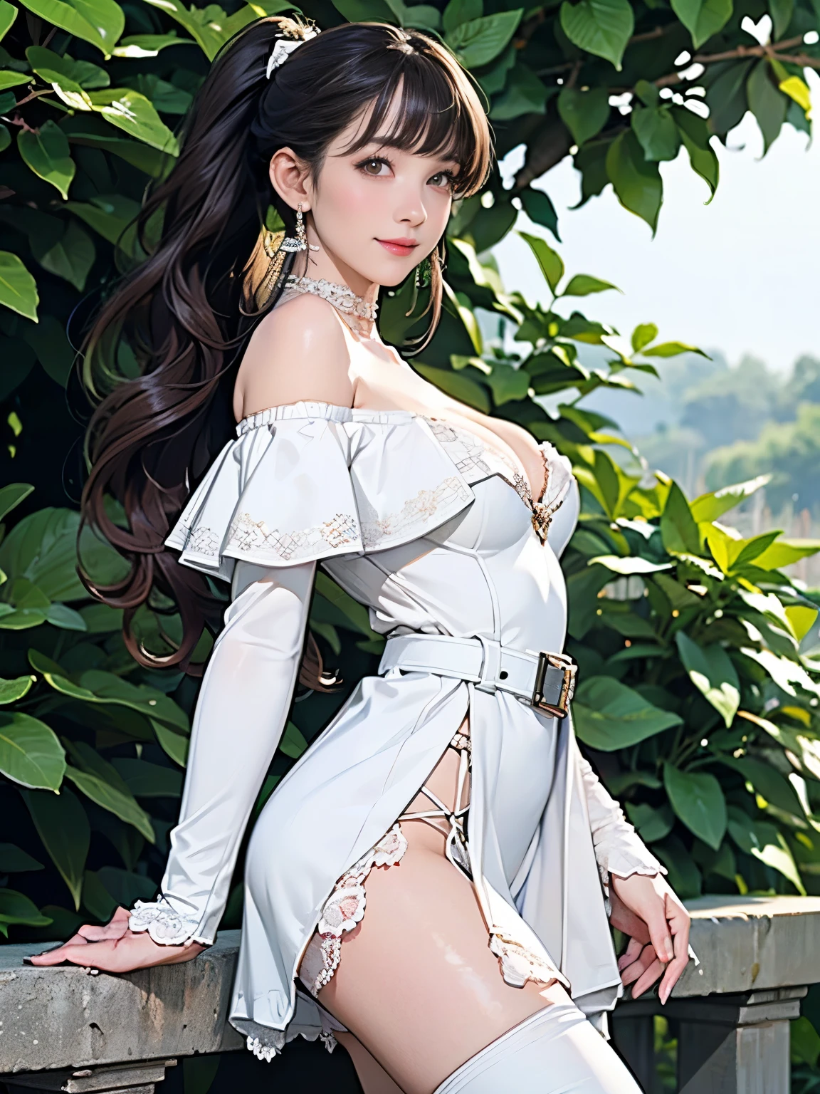 ((((highest quality))))、(((Ultra-precision CG16K wallpaper)))、(((masterpiece)))、(((Super detailed)))、(((Extreme detail)))、((１Mature 29 year old woman:1.6))、((Very beautiful Japanese faces))、((Yua Mikami:1.5))、((Soft wavy long ponytail hair、blunt bangs:1.5))、(Shiny brown hair)、Beautiful brown eyes、Clearly defined pupils、eyeliner、eye shadow、High nose、Small nostrils、Small Mouth、Seductive lips、Beautiful breasts、((C cup size breasts))、Cleavage、Voluptuous body、eight-headed body、Perfect proportions、Perfect Anatomy、Perfect composition、Beautiful detailed shading、Beautiful, natural lighting、Beautiful detail glow、Depth of written boundary、(((High chroma)))、(((Real:1.9)))、((vivid:1.5))、((Beautiful Skin))、((Skin Texture))、((Realな皮膚感))、(((Cowboy Shot:1.6)))、((Front view、shoot from front、Front low angle:1.6))、(((smile:1.5)))、((The woman is looking at this、looking at viewer、Facing forward:1.6))、Bright daylight、Natural light、(((garden、Promenade、Trees:1.4)))、(Fashion model pose:1.6)、(((White and mint green off-the-shoulder lace mini dress with belt:1.6)))、((Earrings、Wearing a choker:1.3))、(((Wearing white knee-high boots:1.8)))、