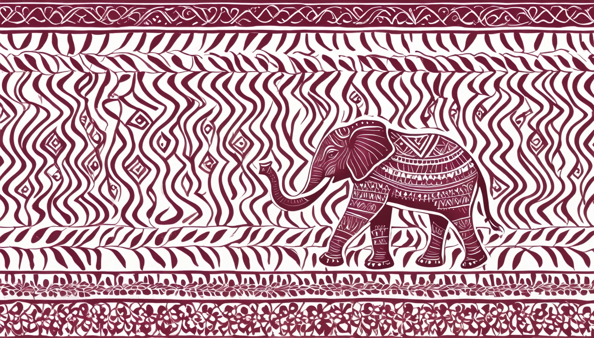 Bohemian style pattern - hand drawn, in wine red and black tones, with a smiling elephant walking tone