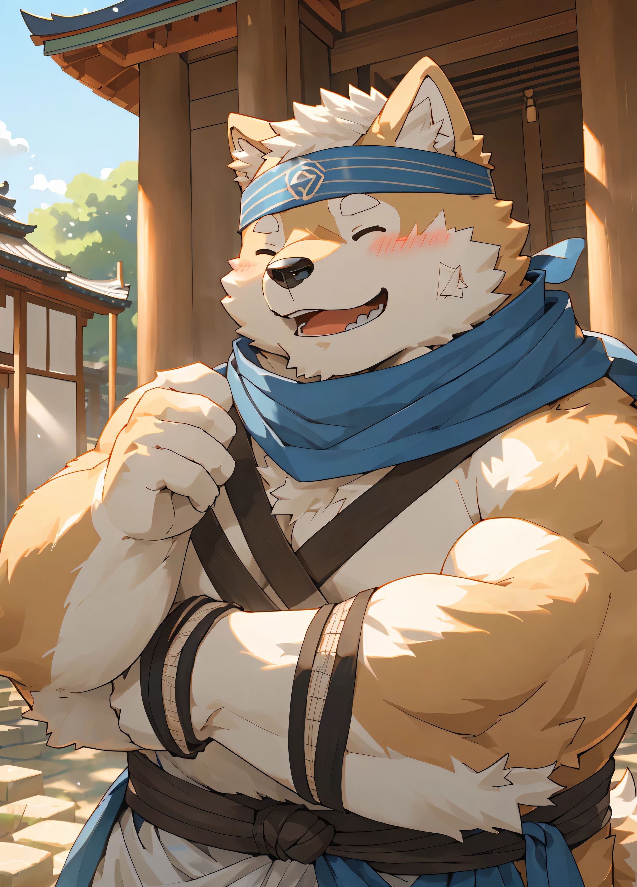 (masterpiece),(Very detailed),(best quality),hairy,Shiba Inu,fur,white hair,Gray pupil,(Japan samurai attire),((blue scarf)),((Brown Headband)),(blush:1.1),((Close your eyes)),Happy smile,Temple Background,8k,(high quality),(Ultra HD),(Super detailed)