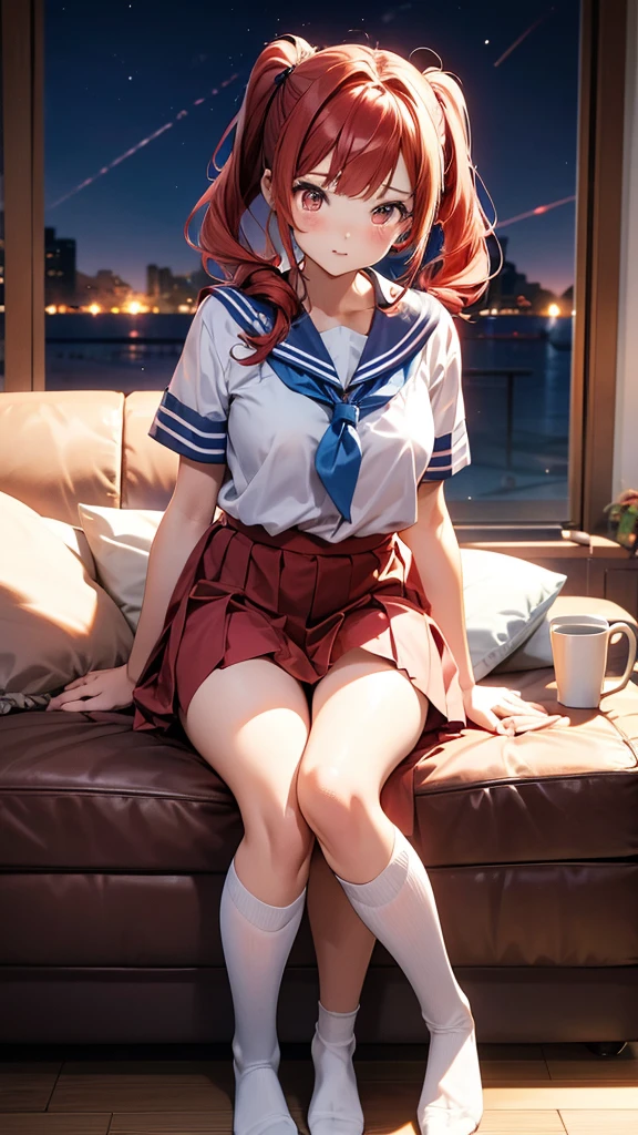 ore no imouto ga konna ni kawaii wake ga nai, 25-yers-old girl with crimson red hair- pulled up into twin ponytails, wearing a blue sailor suit and pleated skirt, long thigh length socks, living room at night background