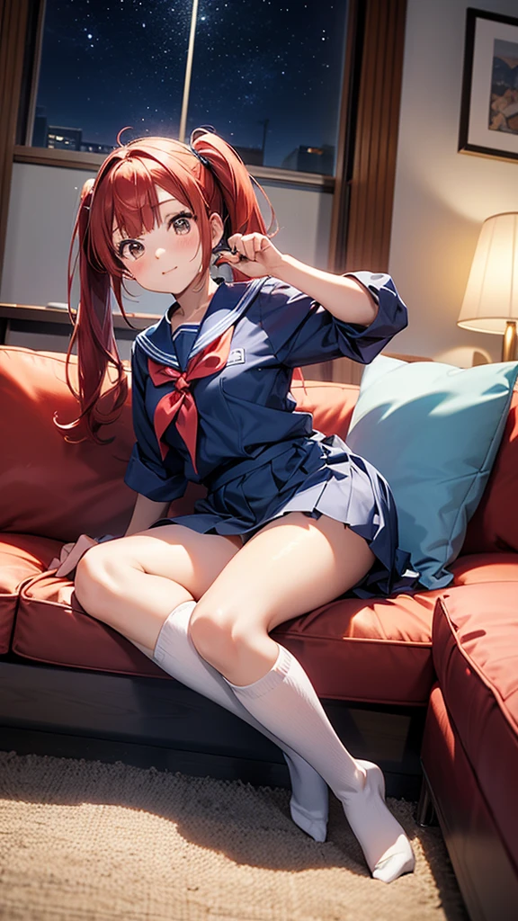 ore no imouto ga konna ni kawaii wake ga nai, 25-yers-old girl with crimson red hair- pulled up into twin ponytails, wearing a blue sailor suit and pleated skirt, long thigh length socks, living room at night background 