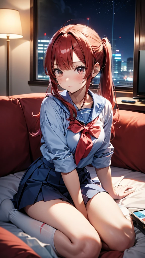 ore no imouto ga konna ni kawaii wake ga nai, 25-yers-old girl with crimson red hair- pulled up into twin ponytails, wearing a blue sailor suit and pleated skirt, long thigh length socks, living room at night background