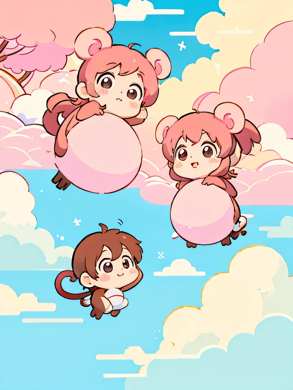Momoko Sakura style, Kawaii Design, Chibi, (((on the Clouds))), monkeys, monkey Forest
