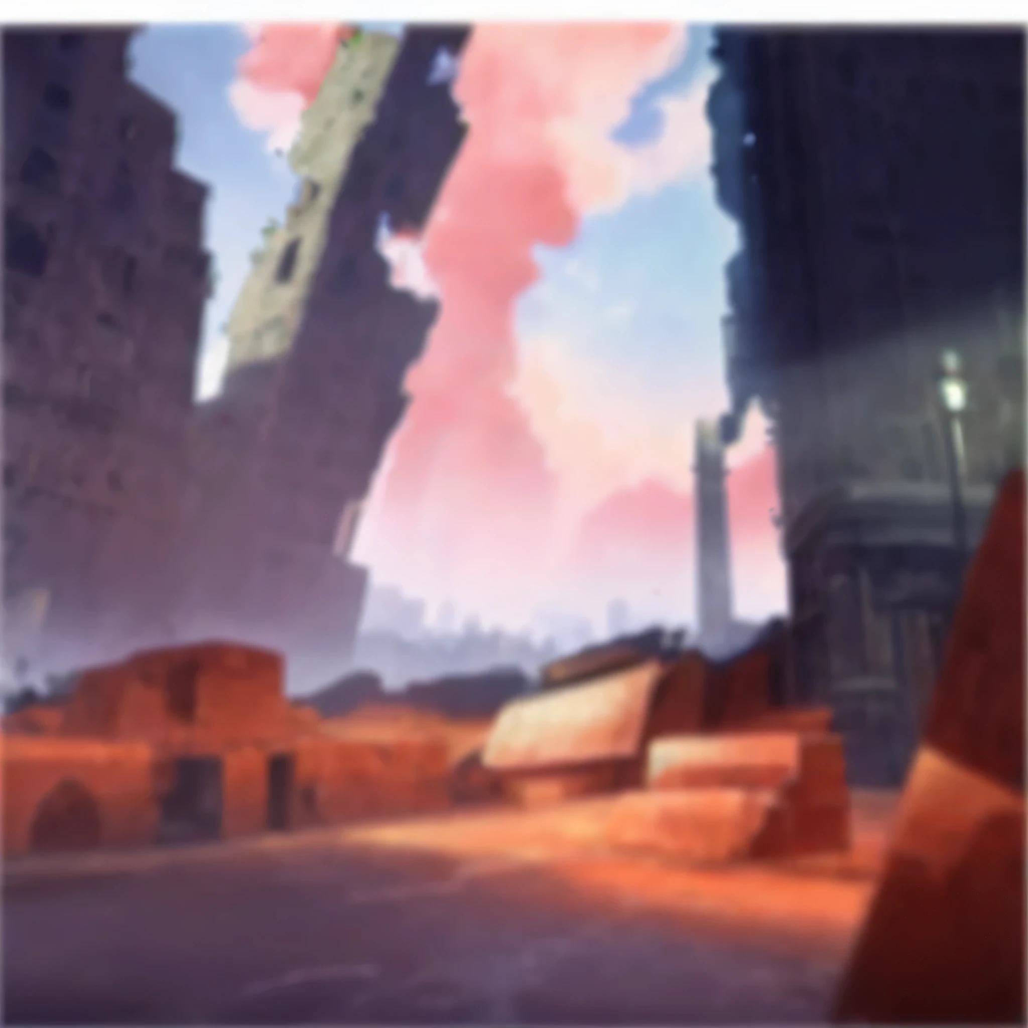 high quality,City ruins,Mist,Looming,high quality