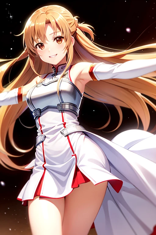 Asuna,A light smile,sexy,sword, Have a weapon, White Dress, armor, Floating Hair, Red Skirt, holding sword, Outstretched arms, highest quality