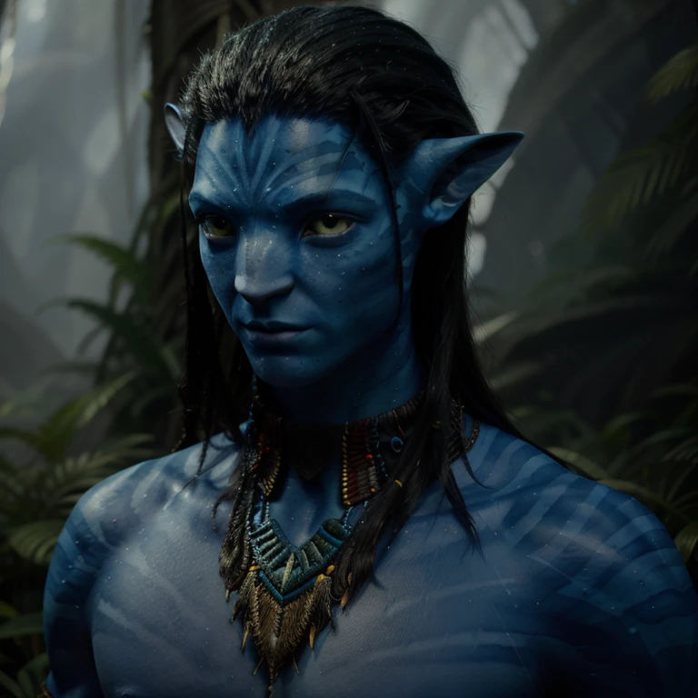 avtr:1.1, avatar style, portrait:1.6, 1boy, male, (AvNeteyam), (blue skin tone:1.0), (long hair:1.0), black hair color, yellow eyes, (adult), 18 years old:1, face wrinkles, wearing tribal clothing, detailed eyes, toned body, muscled body, vibrant colors, glowing, ethereal atmosphere, surrealistic dreamy lighting, textured skin, otherworldly beauty, mesmerizing photography, (best quality, highres), vivid colors, ultrarealistic, skin details, striped skin, sfw, face close-up:0.5, ultradetailed body