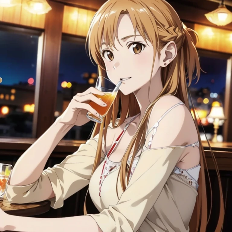 ((highest quality)), ((masterpiece)), (detailed), Perfect Face、Yuuki Asuna、(The woman is a brown-haired Japanese)、(The woman sits next to a white man and they drink together in a nice bar.)、A white man successfully picks up a woman and has fun drinking with her at a bar、((The white man is well-built and has a strong body.))、The woman is dressed casually、Man dressed casually、(Caucasian man and woman have fun expressions)、Night falls、The woman is tipsy