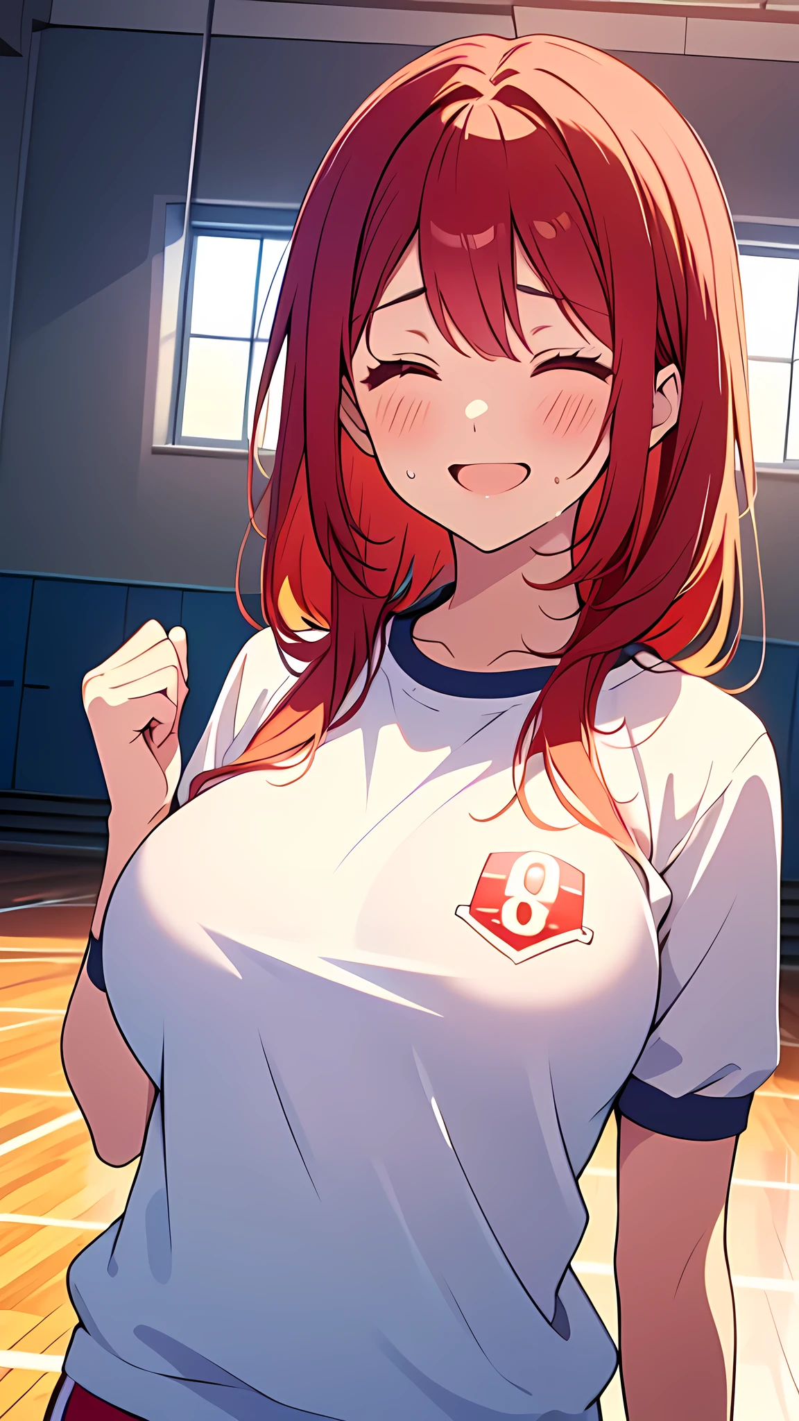 (8k:1.2)(ultra-detailed:1.4),(High quality:1.4),(best quality:1.4),(masterpiece:1.4),(huge breasts:1.1),(beautiful face:1.3),(beautiful woman:1.3),(bright red hair:1.4),medium hair,a mole around the mouth, (sweat:1.2), (enjoy:1.6), (burst into laughter:1.4), (squinting:1.4),(simple plain uniform:1.1),(gym uniform:1.2),(round neck white t-shirt:1.2),navy blue short Sweatpants,upper body,(closed eyes:1.2),school gym