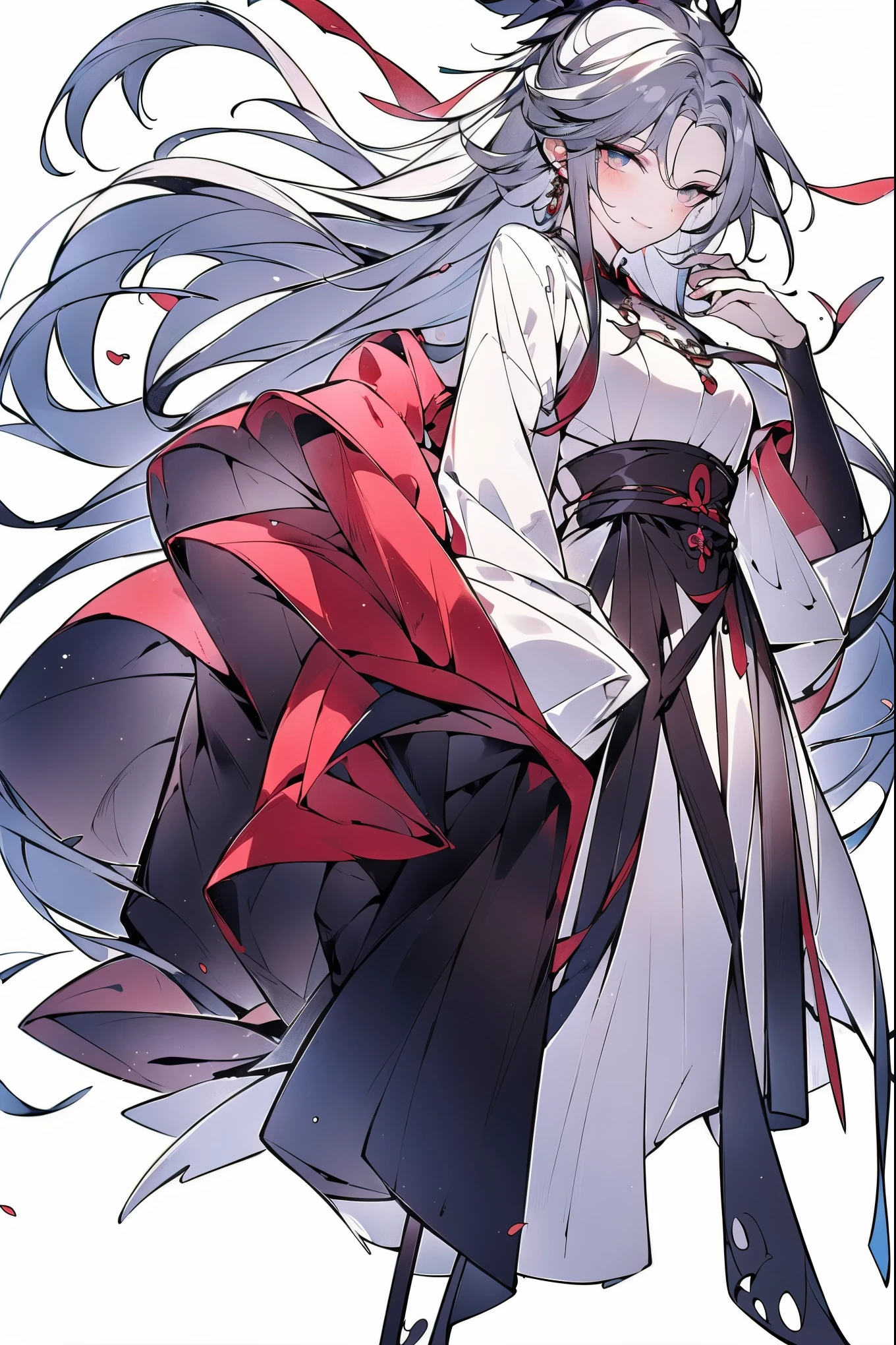(masterpiece),(Highest quality),(Best details),(High Definition),(Beautiful works),(Full body picture),Chinese fantasy style,1girl,((white hair)),((Double spiral hairpin)),Black eyes,((White clothes)),(((Villain image))),((Beautiful clear eyes)),(Sinister smile),((Simple plain white background))