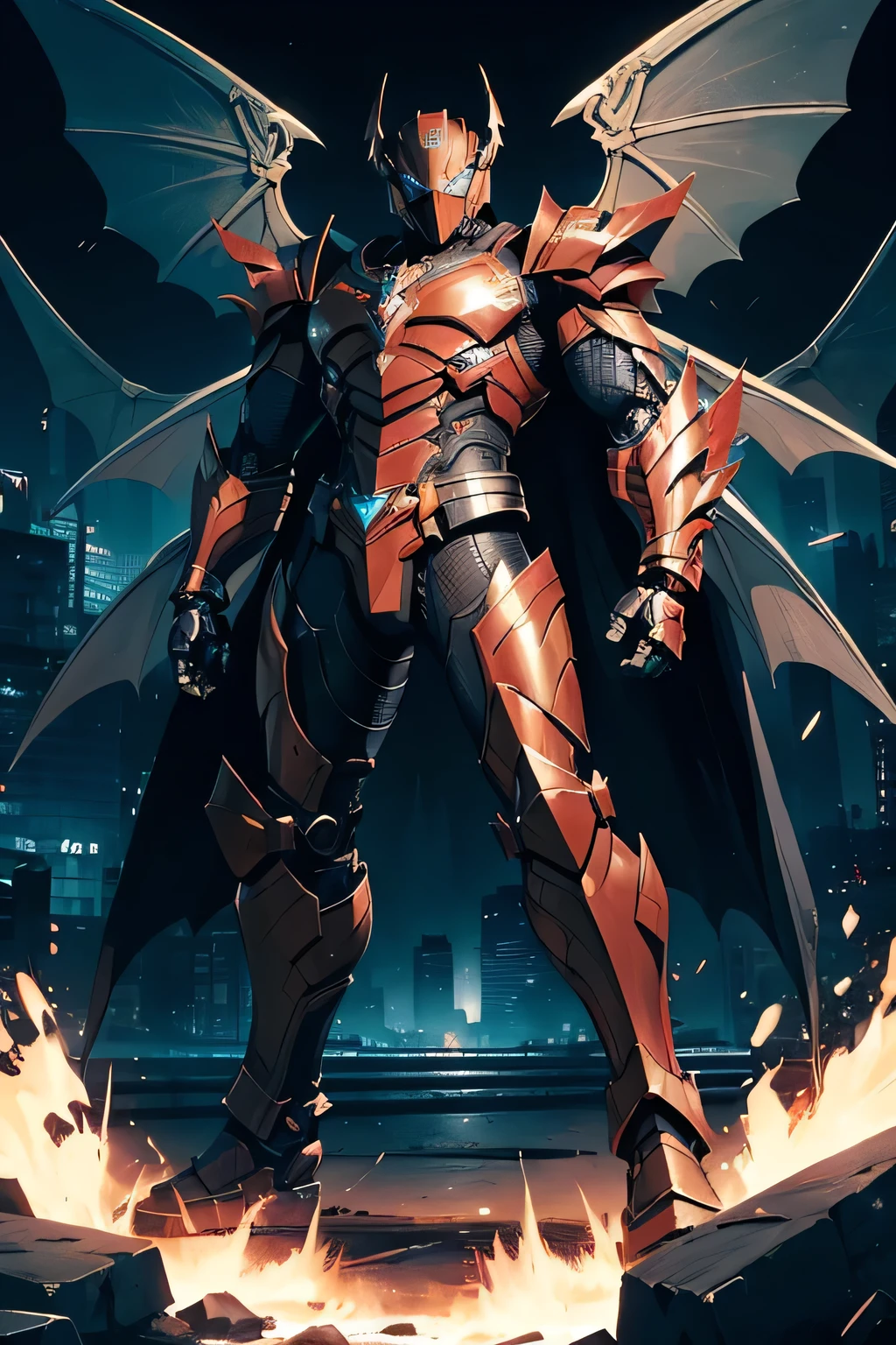 1 kamen rider, armor, mechanical, male, full armor, ((demonic wings)), holding flamberge, superhero, muscular, heavy metal, mechanical marvel, guardian, ((black armor)), dark hero, anti hero, violent, bloody, full body, absurdres, high resolution, ultrasharp, 8k, masterpiece