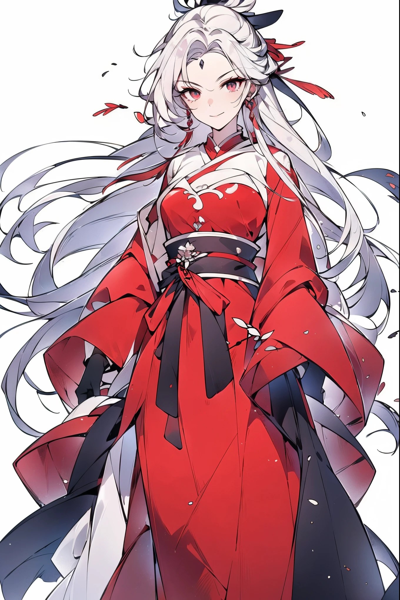 (masterpiece)，(Highest quality)，(Best details)，(High Definition)，(Beautiful works)，(Full body picture)，Chinese fantasy style，1girl,((white hair))，((Double spiral hairpin)),Black eyes，((White clothes))，(((Villain image))),((Beautiful clear eyes)),(Sinister smile),((Simple plain white background))