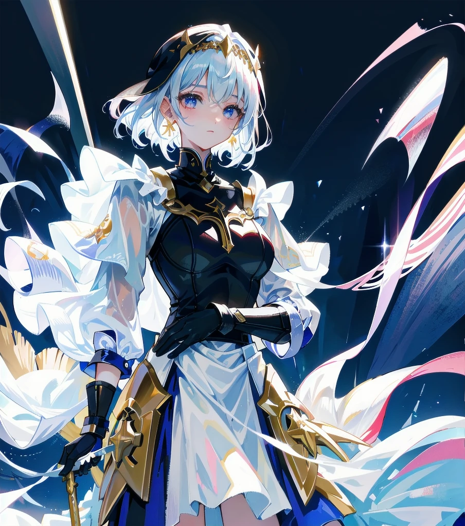 absurdres, RAW photo, extremely delicate and beautiful, masterpiece, Best Quality, ultra high resolution, 32k, hyperrealistic, ultra-detailed, detailed description, pale skin, 20 years old, detailed beautiful face and eyes, tearful mole, earring, very huge round breasts, short medium hair, wavy hair, (full body shot), alone, Mysterious nun, ((combat armor costume)), Weapons with a cross motif,