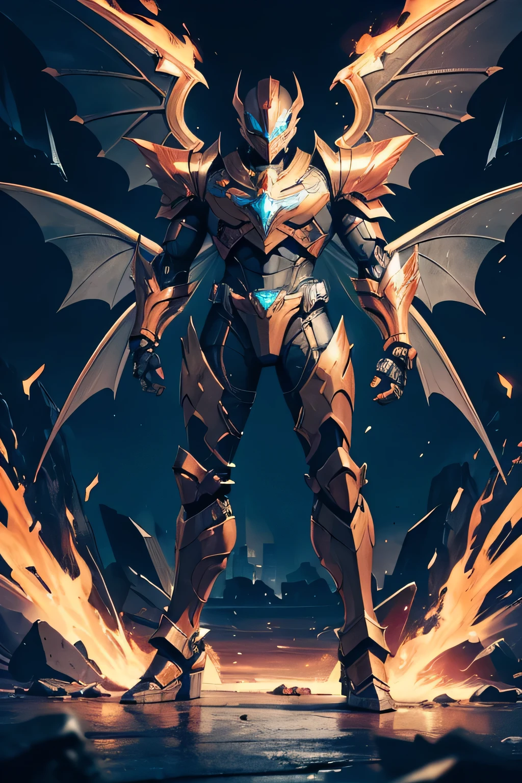 1 kamen rider, armor, mechanical, male, full armor, ((demonic wings)), holding flamberge, superhero, muscular, heavy metal, mechanical marvel, guardian, ((black armor)), dark hero, anti hero, violent, bloody, full body, absurdres, high resolution, ultrasharp, 8k, masterpiece