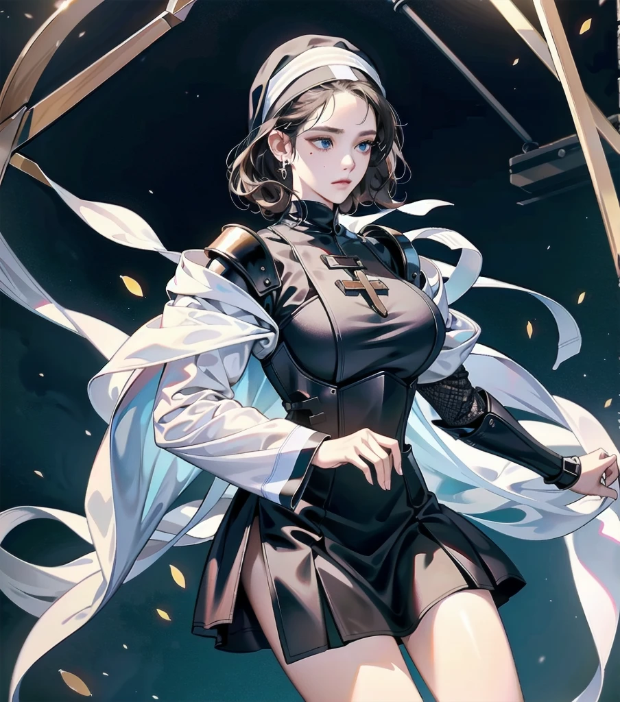 absurdres, RAW photo, extremely delicate and beautiful, masterpiece, Best Quality, ultra high resolution, 32k, hyperrealistic, ultra-detailed, detailed description, pale skin, 20 years old, detailed beautiful face and eyes, tearful mole, earring, very huge round breasts, short medium hair, wavy hair, (full body shot), alone, Mysterious nun, ((combat armor costume)), Weapons with a cross motif,