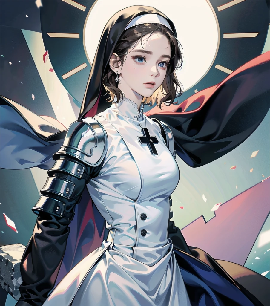 absurdres, RAW photo, extremely delicate and beautiful, masterpiece, Best Quality, ultra high resolution, 32k, hyperrealistic, ultra-detailed, detailed description, pale skin, 20 years old, detailed beautiful face and eyes, tearful mole, earring, very huge round breasts, short medium hair, wavy hair, (full body shot), alone, Mysterious nun, ((combat armor costume)), Weapons with a cross motif,