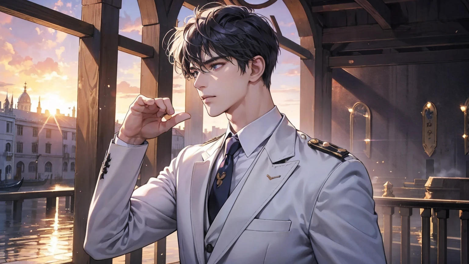 anime.Constantine the Great, Roman Emperor Constantine the Great resurrected in modern times。34 years old。one adult male。Long body。broad shoulder。thick neck。eyes like a lion。Bright and sharp eyes。Looking here。Sincere and kind。Kind and reliable。Deal with it sternly if necessary.。talented and hardworking businessman。successful gentleman。careerist。he is wearing a high quality white suit。dark purple tie。Light purple shirt。forceful。An overwhelming sense of control。romance novel hero。Bold composition。look up to。lyrical。Dramatic。heartful。Romantic。opulent。elegan。elegance。Venice background in the sunset。masterpiece。top-quality。Super beautiful。The ultra -The high-definition。detaileds。exquisite