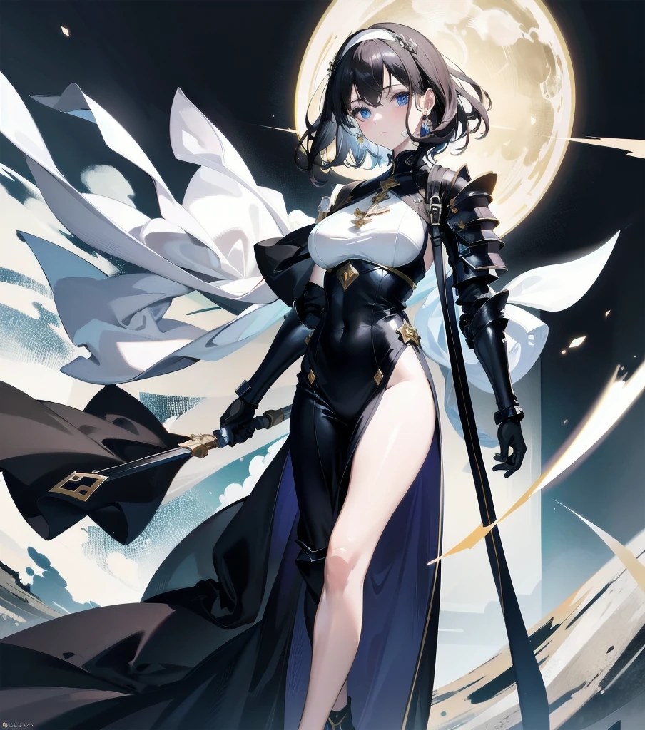 absurdres, RAW photo, extremely delicate and beautiful, masterpiece, Best Quality, ultra high resolution, 32k, hyperrealistic, ultra-detailed, detailed description, pale skin, 20 years old, detailed beautiful face and eyes, tearful mole, earring, very huge round breasts, short medium hair, wavy hair, (full body shot), alone, Mysterious nun, ((combat armor costume)), Weapons with a cross motif,