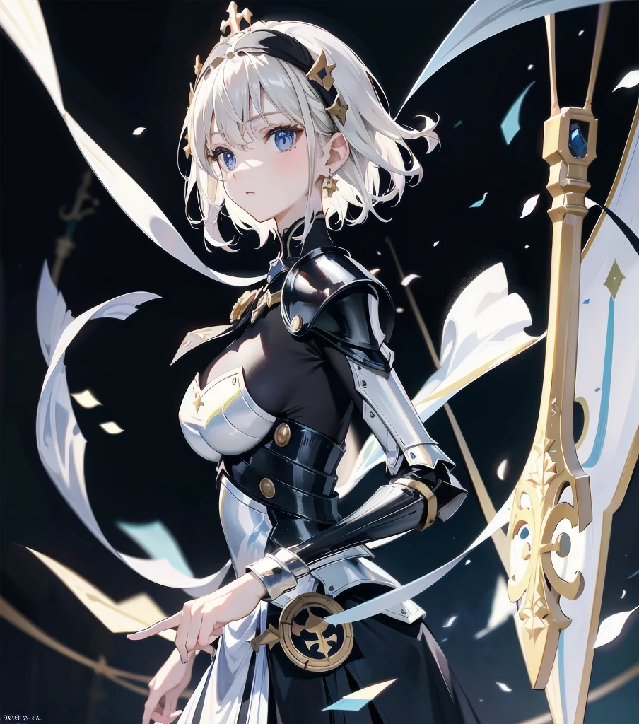 absurdres, RAW photo, extremely delicate and beautiful, masterpiece, Best Quality, ultra high resolution, 32k, hyperrealistic, ultra-detailed, detailed description, pale skin, 20 years old, detailed beautiful face and eyes, tearful mole, earring, very huge round breasts, short medium hair, wavy hair, (full body shot), alone, Mysterious nun, ((combat armor costume)), Weapons with a cross motif,