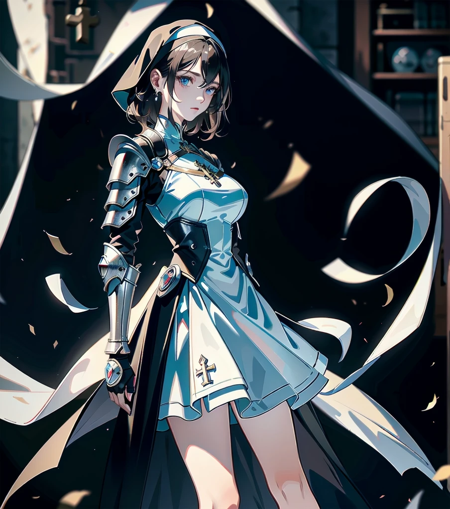 absurdres, RAW photo, extremely delicate and beautiful, masterpiece, Best Quality, ultra high resolution, 32k, hyperrealistic, ultra-detailed, detailed description, pale skin, 20 years old, detailed beautiful face and eyes, tearful mole, earring, very huge round breasts, short medium hair, wavy hair, (full body shot), alone, Mysterious nun, ((combat armor costume)), Weapons with a cross motif,