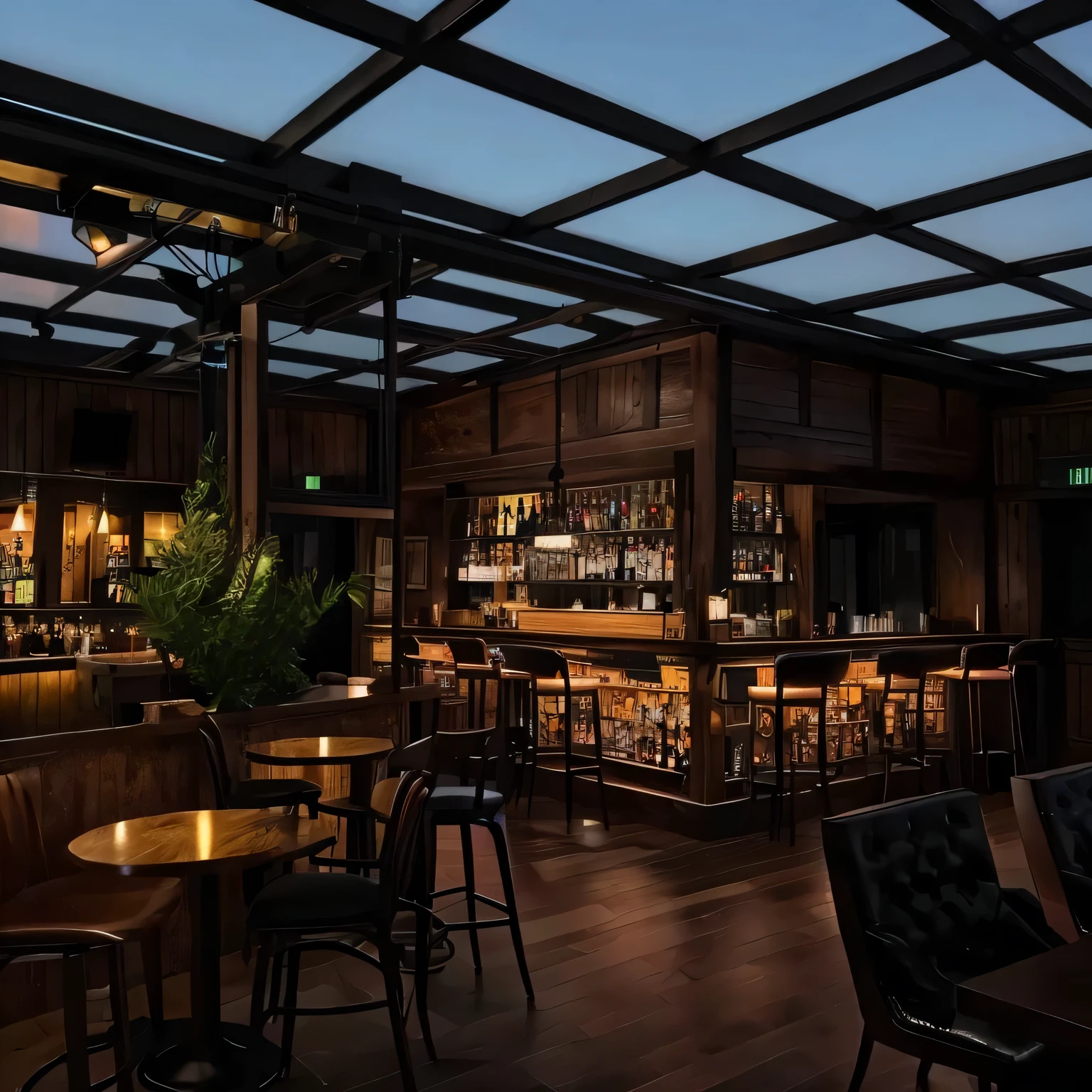 there is a bar with a lot of tables and chairs, comfy ambience, realistic 