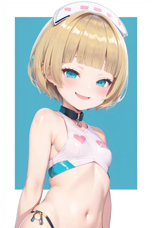 Blonde hair, short mash hair, turquoise eyes,A girl with impressive blonde hair、hair ornaments、short bob、hot pants、smile、dynamic pose, Pink bondage suit, mocking smile