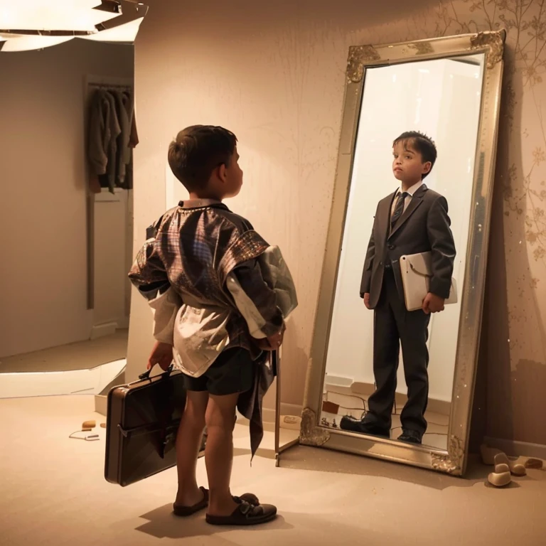 there is a  boy standing in front of a mirror with a briefcase, looking in the mirror, looking in a mirror, looking into a mirror, with a mirror, looking in mirror, standing in front of a mirror, emotional picture, absolutely outstanding image, mirror reflection, human perspective, powerful photo, illustrative art, surreal art, thought provoking, accurate depiction