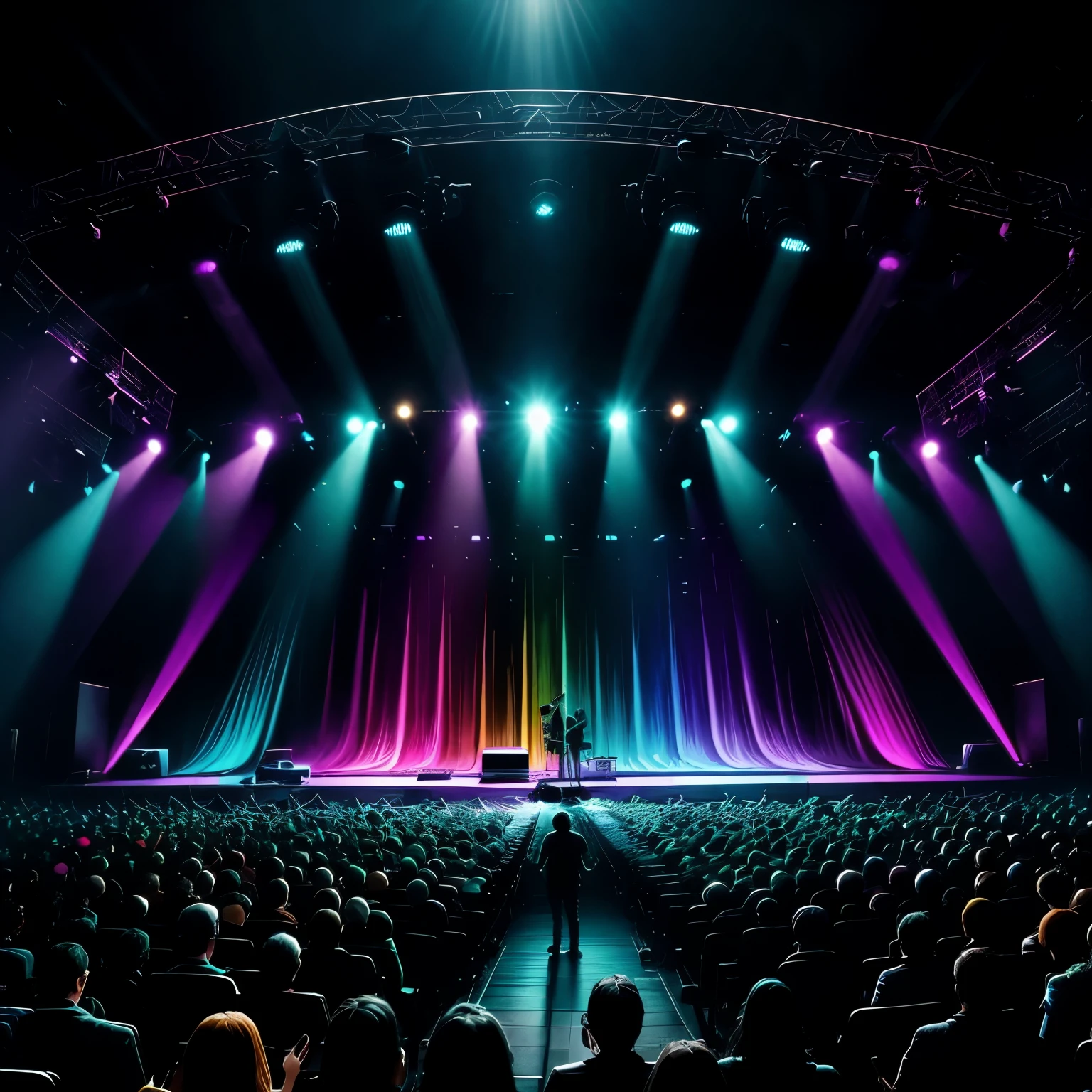 spectrum music scenery cloud and abstract texture, rocker , screamo, holding stand mic, rock n roll, people, singing energic, stage, horor, darkness, piano in the middle
